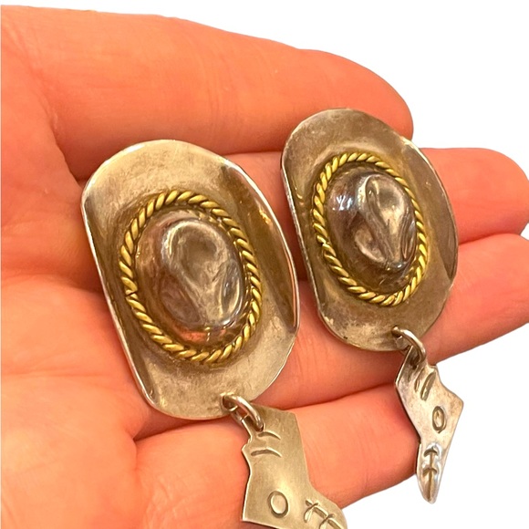 Vintage Southwestern Cowboy hat boot Mexico 925 dangle chunky earrings - Picture 7 of 8